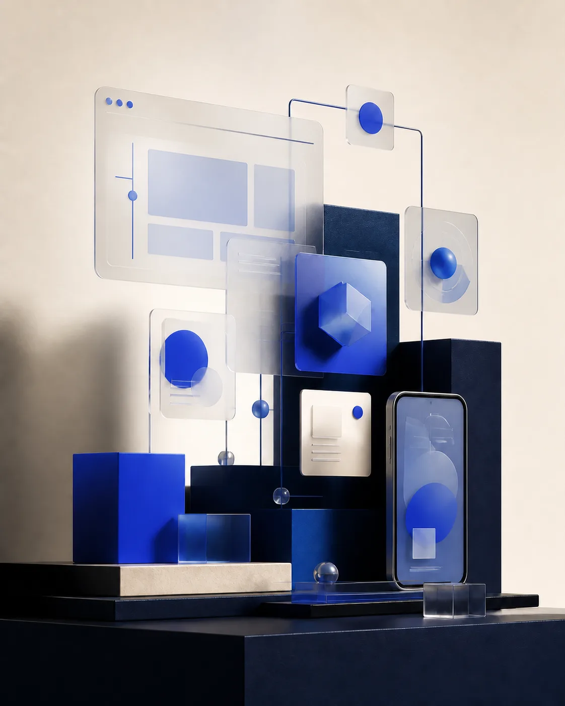 Abstract editorial composition of connected website, mobile, and campaign elements